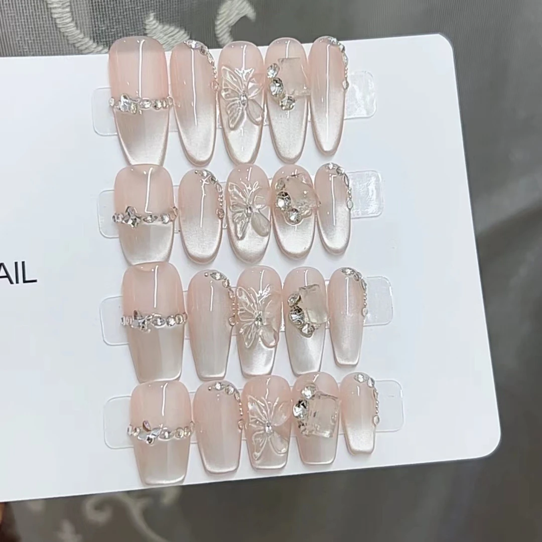 纯手工光疗穿戴美甲猫眼圆梦蝶原成品重复使用贴片可拆