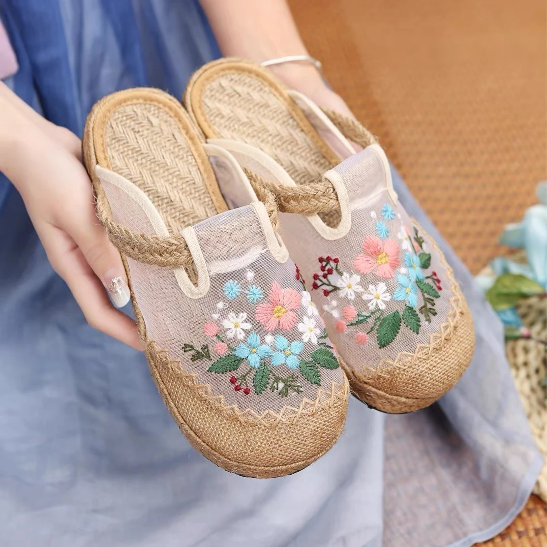 手工夏季网纱拖鞋绣花女鞋休闲文艺透气软底