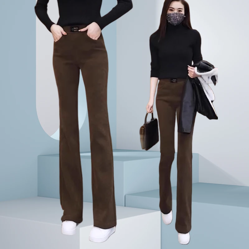 冬季加绒加厚休闲微喇裤女2024新款灯芯绒松紧高腰百搭显瘦喇叭裤