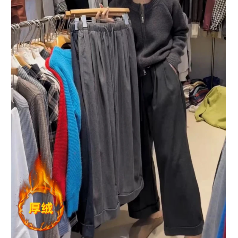 格洛森秋冬新款加绒加厚小个子高腰显瘦休闲裤大码九分直筒阔腿裤