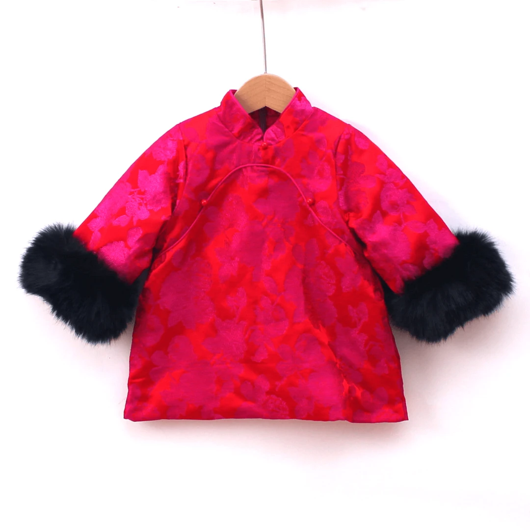咪多咪彩原创童装冬季新款复古旗袍提花加厚棉服女童红色拜年服