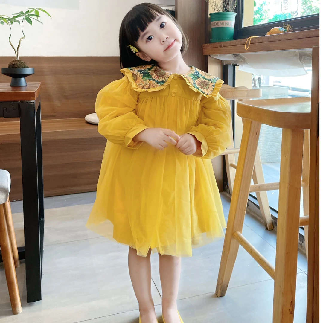 咪多咪彩原创设计秋季新款向日葵刺绣软纱长袖中长款女童风衣外套