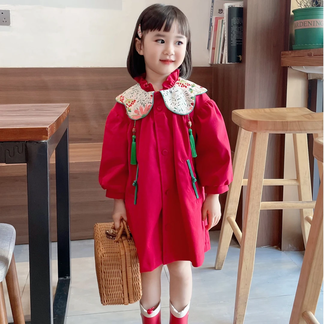 咪多咪彩原创设计秋季新款国风复古刺绣长袖中长款女童风衣外套