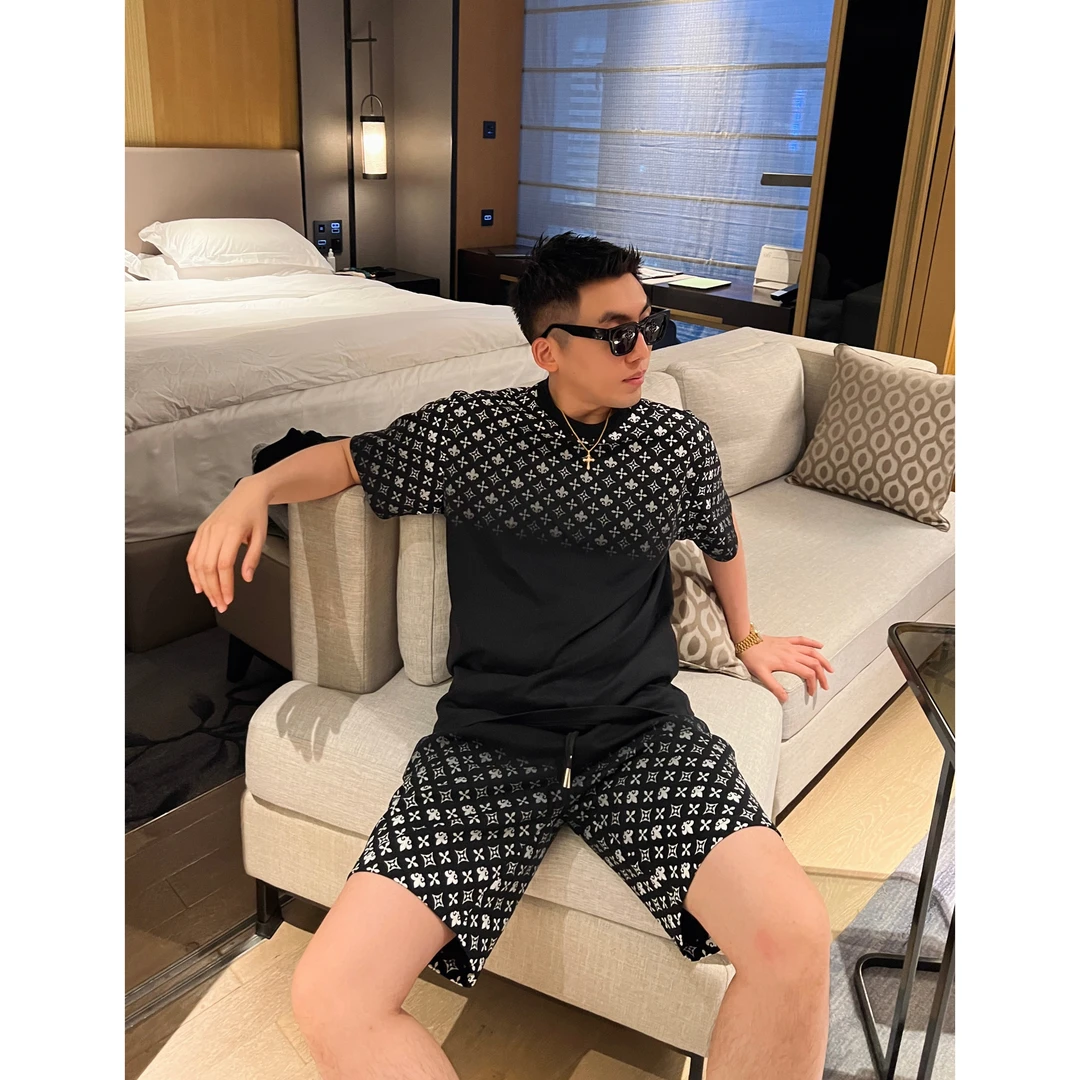 【渐变印花】24夏季薄款套装黑白时尚简约休闲清凉百搭款男士套装