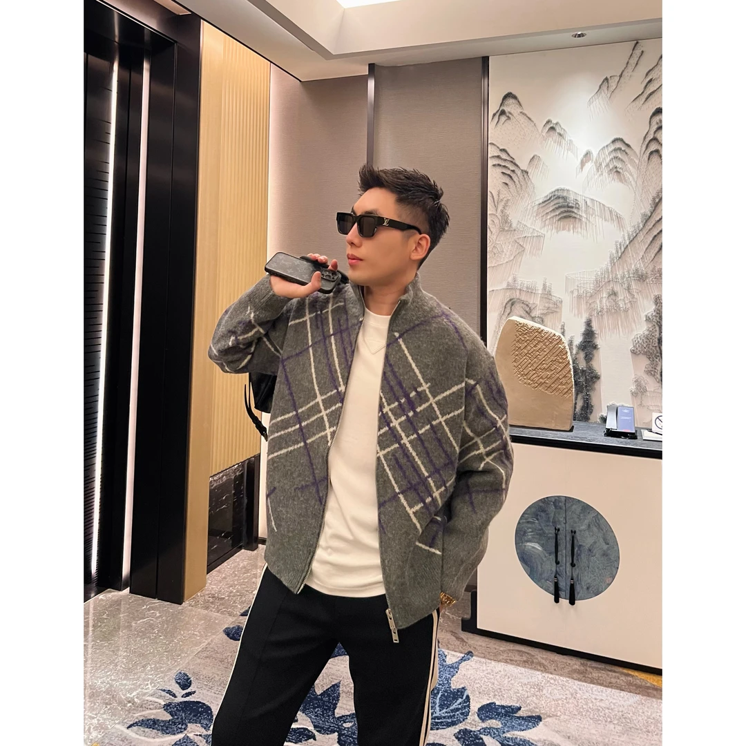 【轻奢格纹】重磅羊毛混纺质感拉链针织开衫男士休闲毛衣外套
