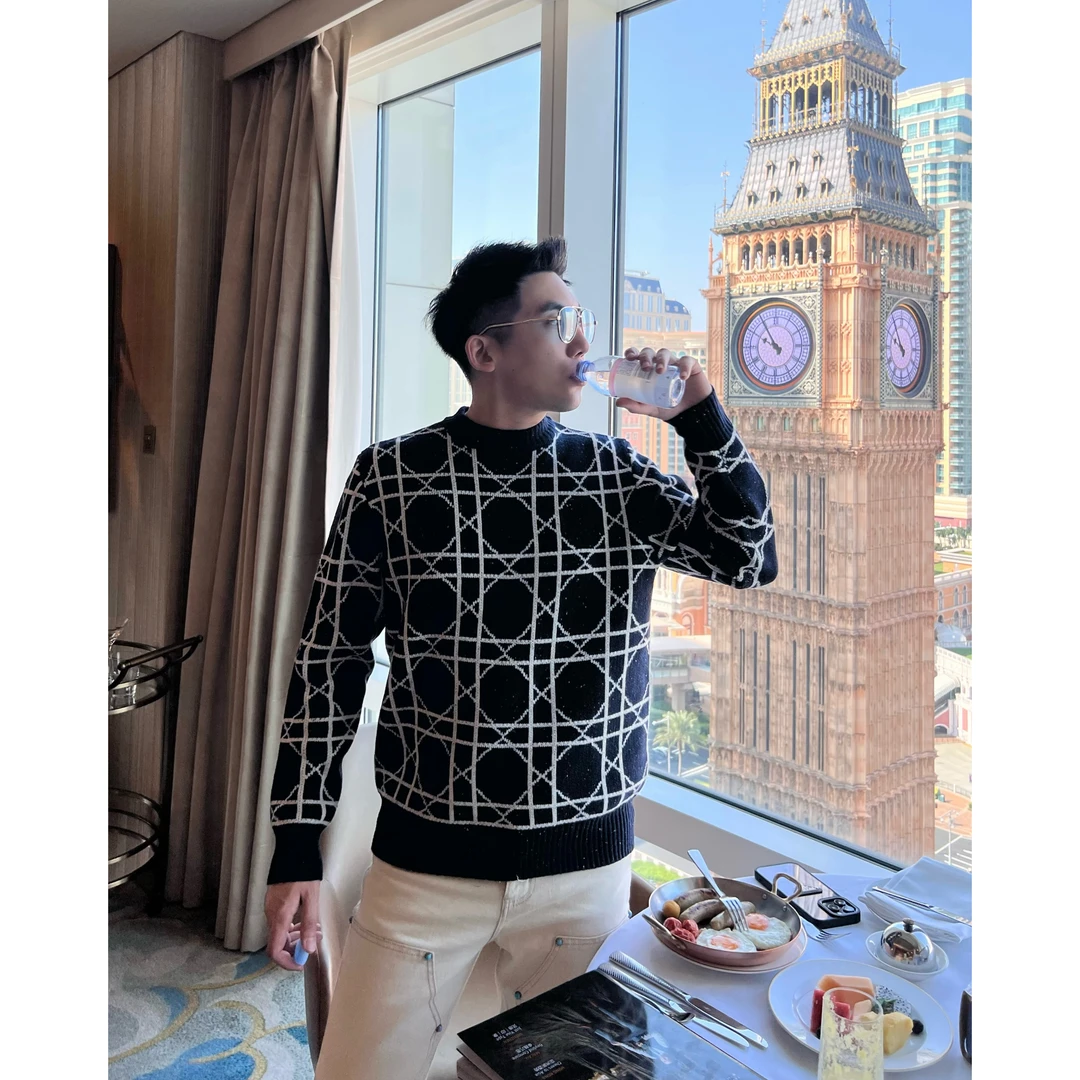 【花纱格纹】波点羊毛花纱套头男士圆领毛衣时尚百搭休闲秋冬