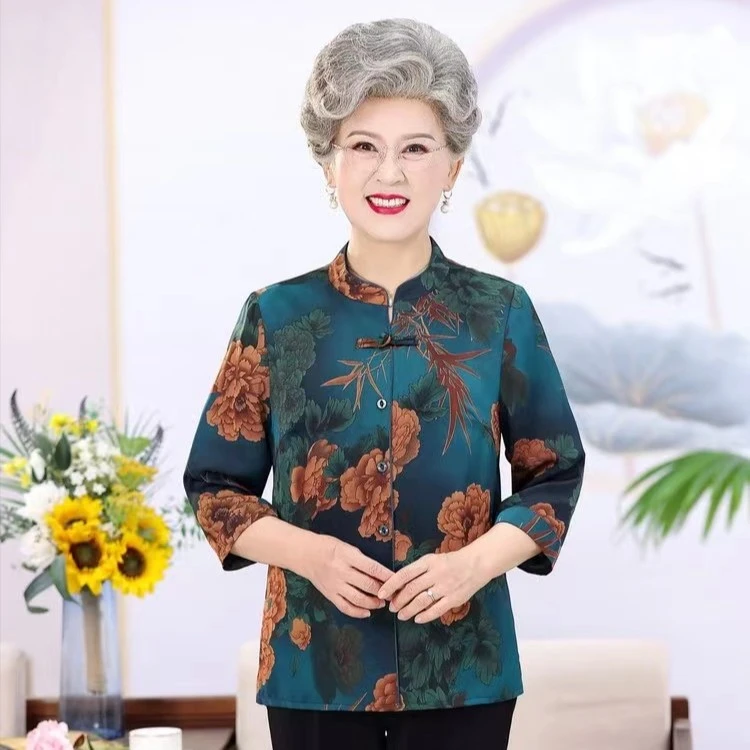 中老年女装妈妈装时尚洋气夏季休闲开衫上衣老年人七分袖印花上衣