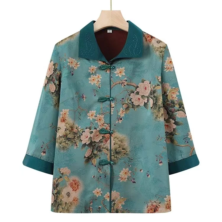 中老年人夏季衬衫女奶奶装七分袖衬衣妈妈洋气上衣老人春秋衣服女