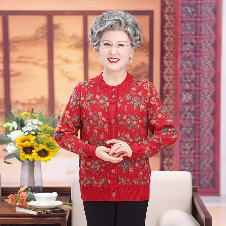 妈妈中老年老人秋冬款开衫加绒毛衣外套老年人奶奶装时尚百搭外套