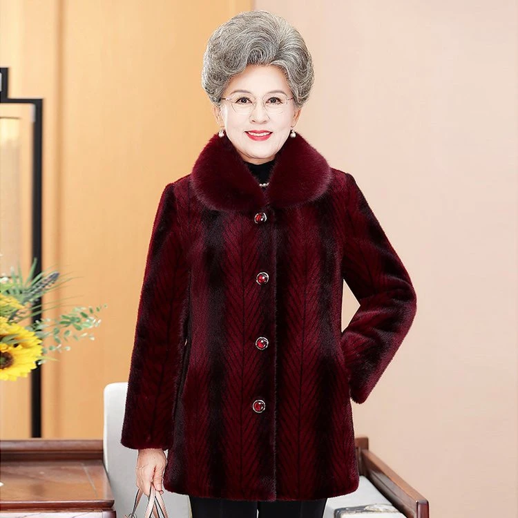 中老年妈妈装新款冬季水貂绒外套加厚大衣老太太加绒保暖大码外套