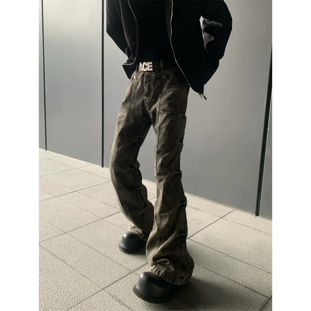 美式街头复古做旧水洗牛仔裤男小众高级褶皱微喇叭休闲阔腿拖地裤