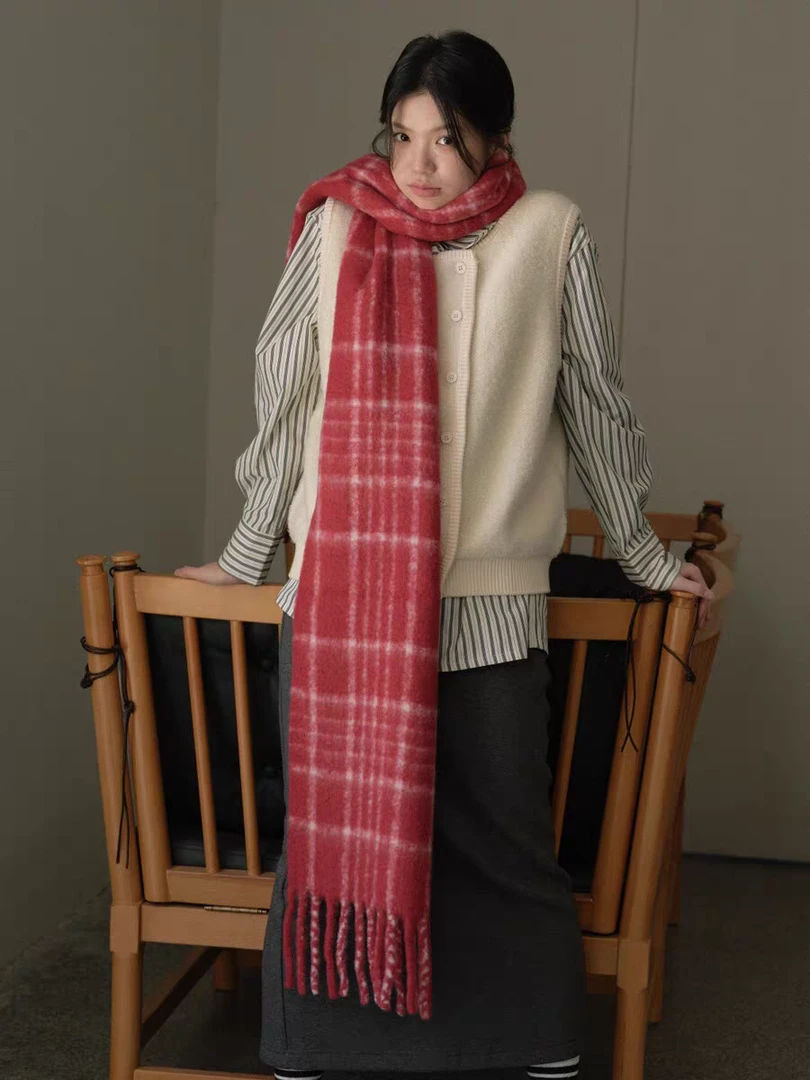 &衣之梅秋冬40羊毛格子复古红色格纹围巾披肩秋冬季加厚围脖时尚