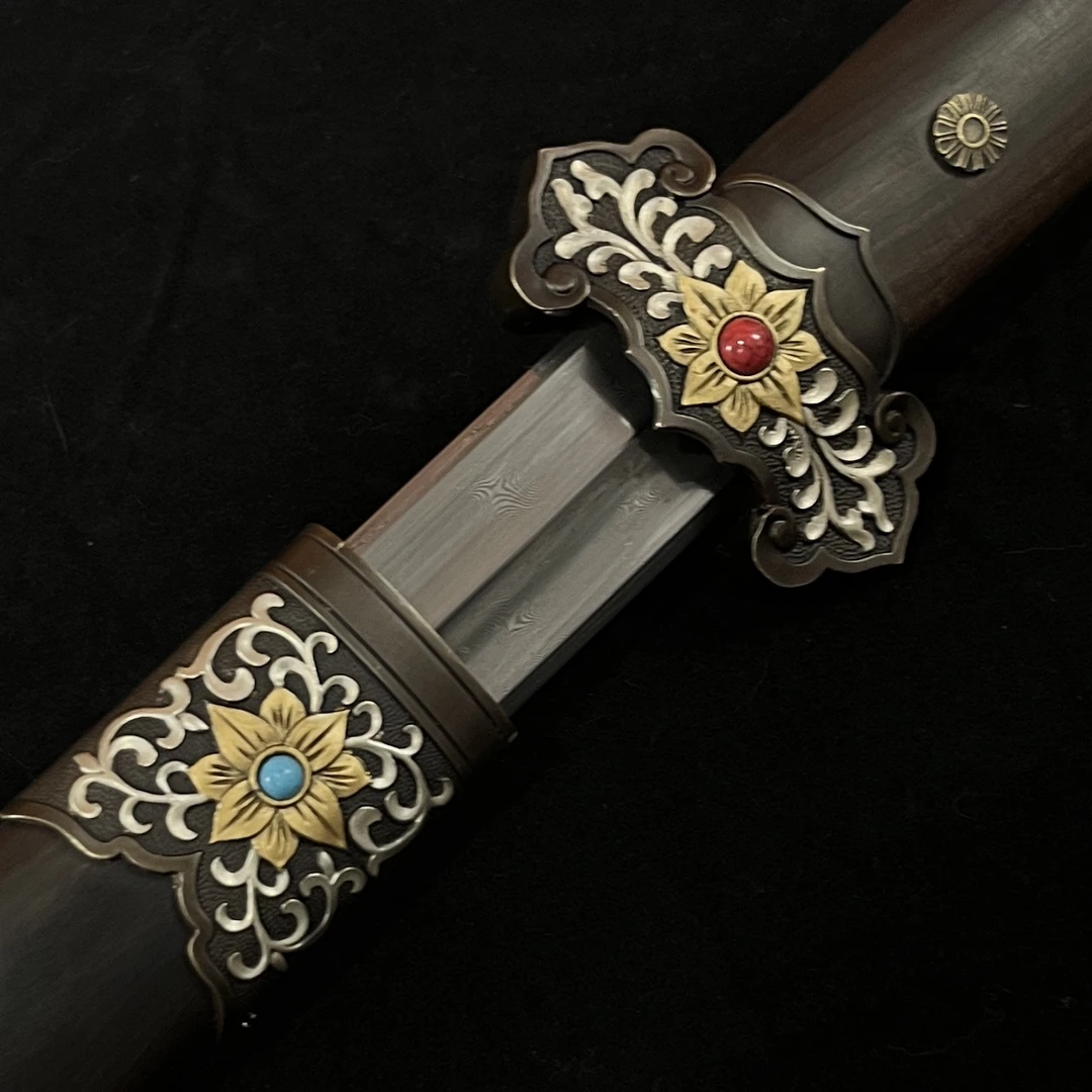 淬锋唐剑百炼花纹钢瓦面天星纹黄铜鎏金银黑檀木（冯渊刀剑）未开刃