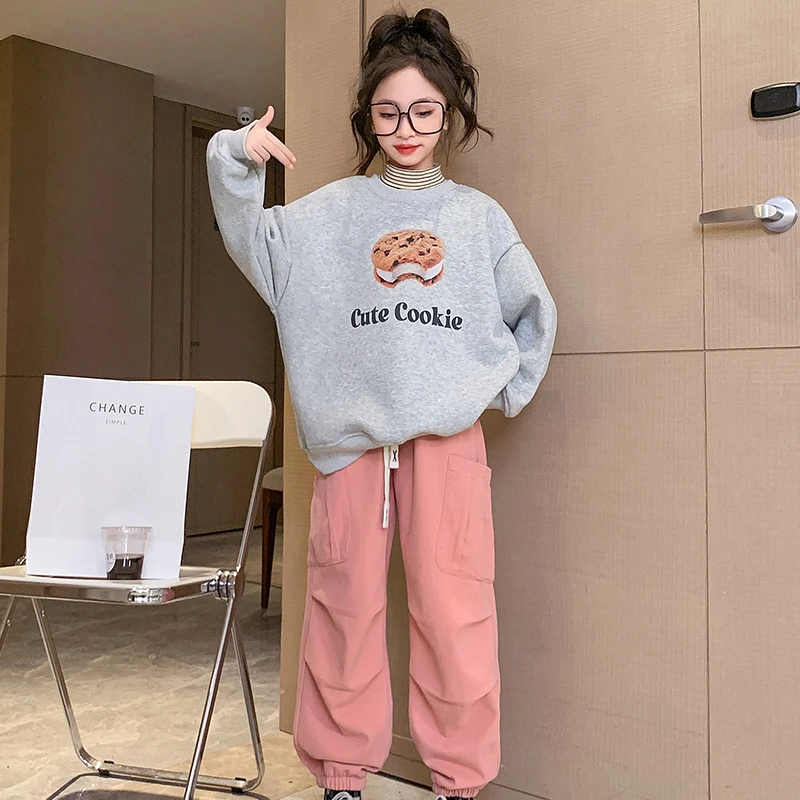女童加绒卫衣秋装2023秋冬新款假两件加厚内搭儿童保暖半高领上衣