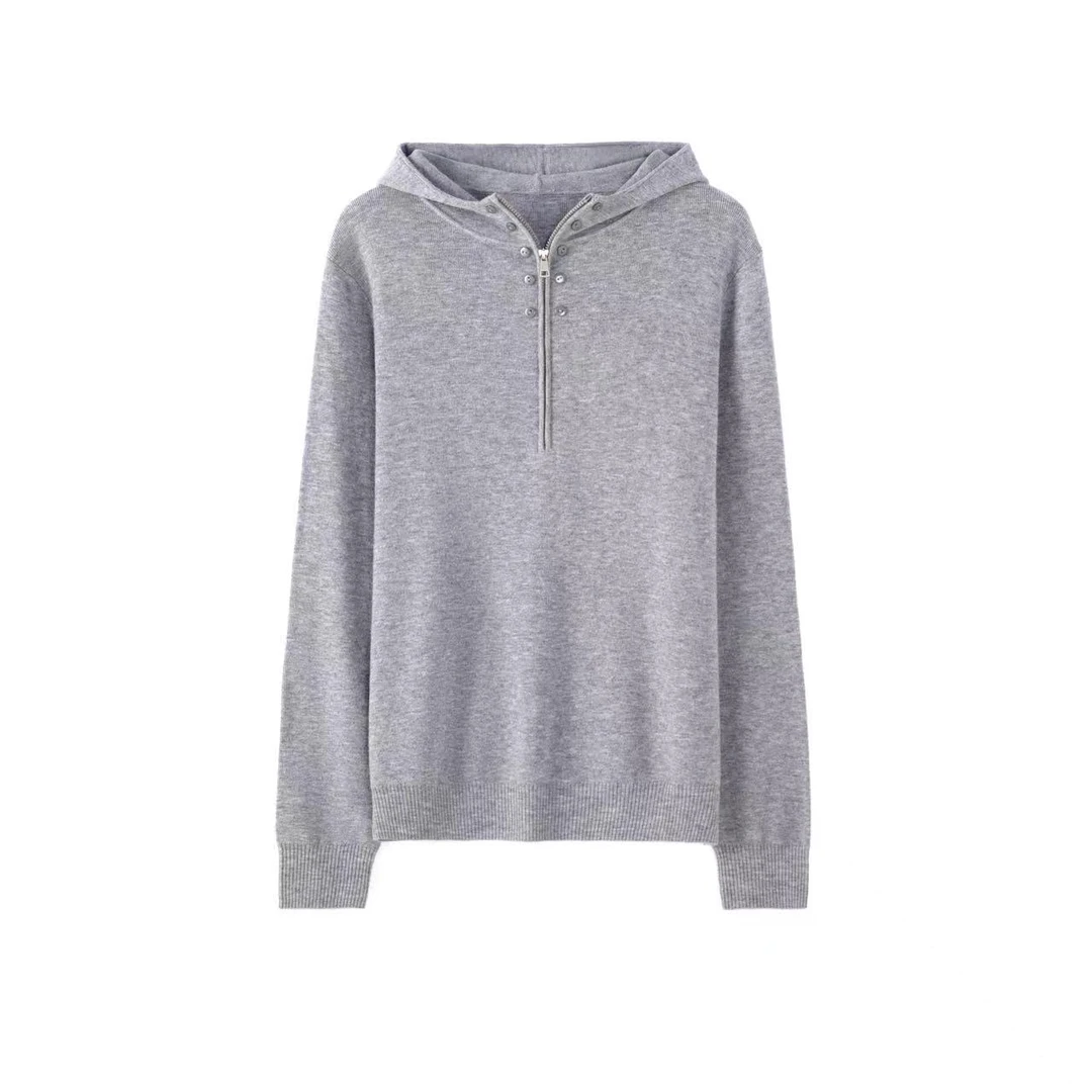 【100%绵羊毛】慵懒风简约针织拉链帽衫女秋冬2024年连帽上衣8302