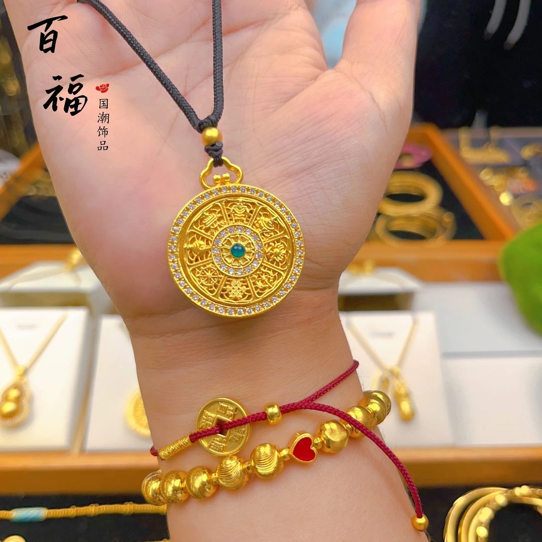 合金吊坠 绿旋转罗盘吊坠金色国潮项链百搭时尚毛衣链精美链坠