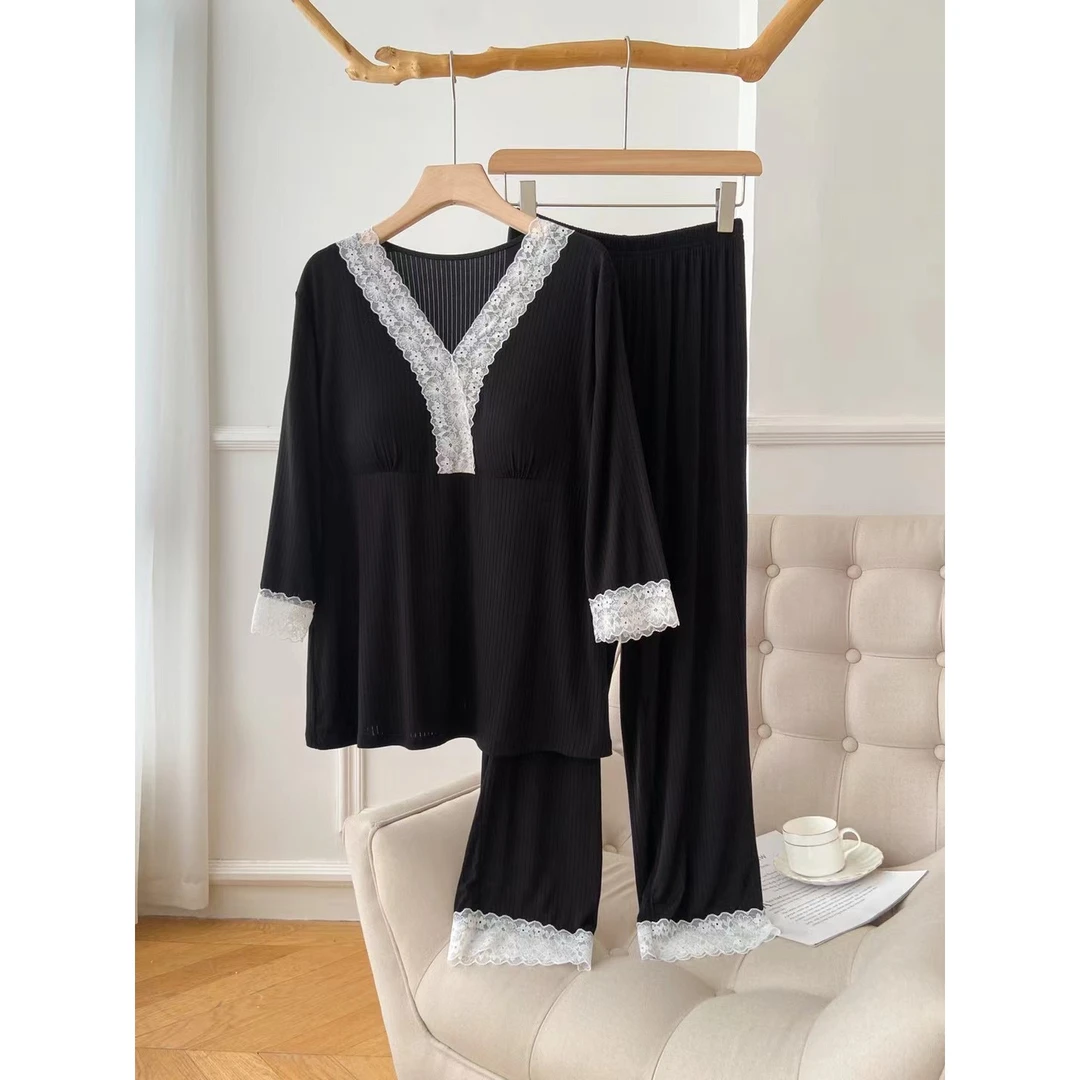 2025新款【5D新氧棉】蕾丝V领气质长袖家居套装带胸垫秋冬大码睡衣*