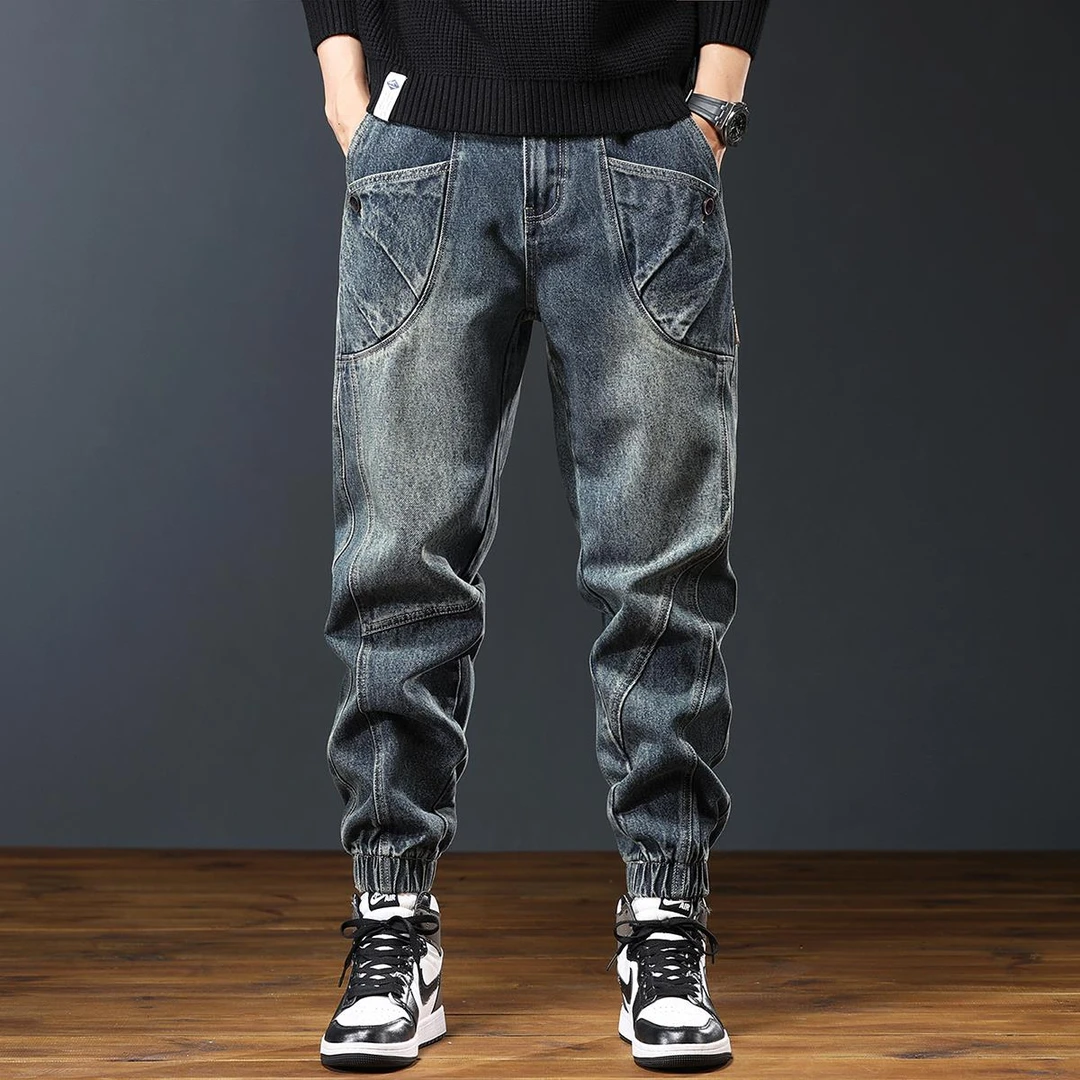高端潮牌休闲做旧束脚牛仔裤男士秋季新款宽松痞帅潮流工装裤子男