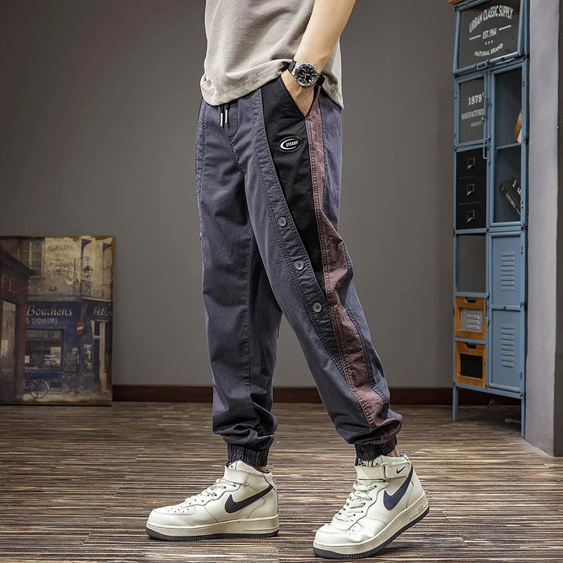 高端夏季薄款户外运动工装裤男设计拼接休闲裤纯棉宽松凉感长裤子