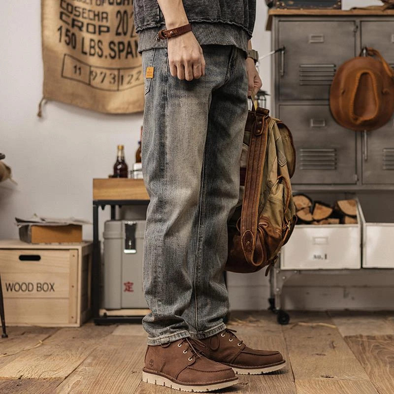 潮流水洗石磨宽松直筒牛仔裤美式复古修身小脚裤男士锥形休闲裤