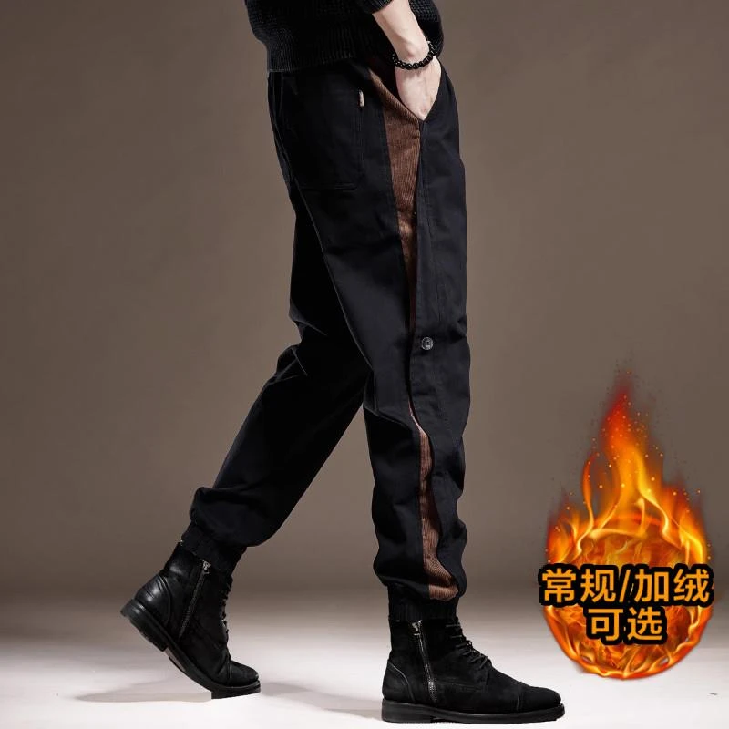高端英伦复古拼接工装裤子男秋冬新款加绒宽松爆款束脚男士休闲裤