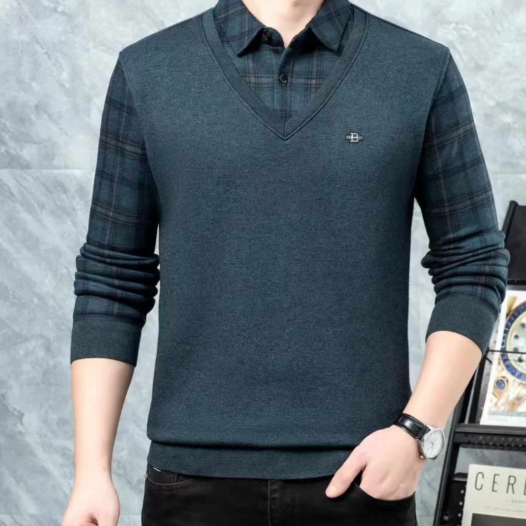 秋冬款男士休闲商务茄克舒适时尚短款假两件加绒长袖T恤