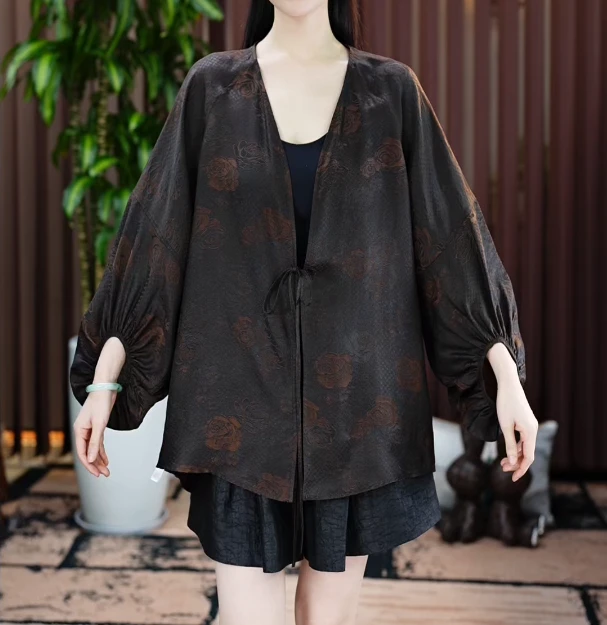 【金禧禧服饰】玫瑰花萝桑蚕丝香云纱开衫外套J24374