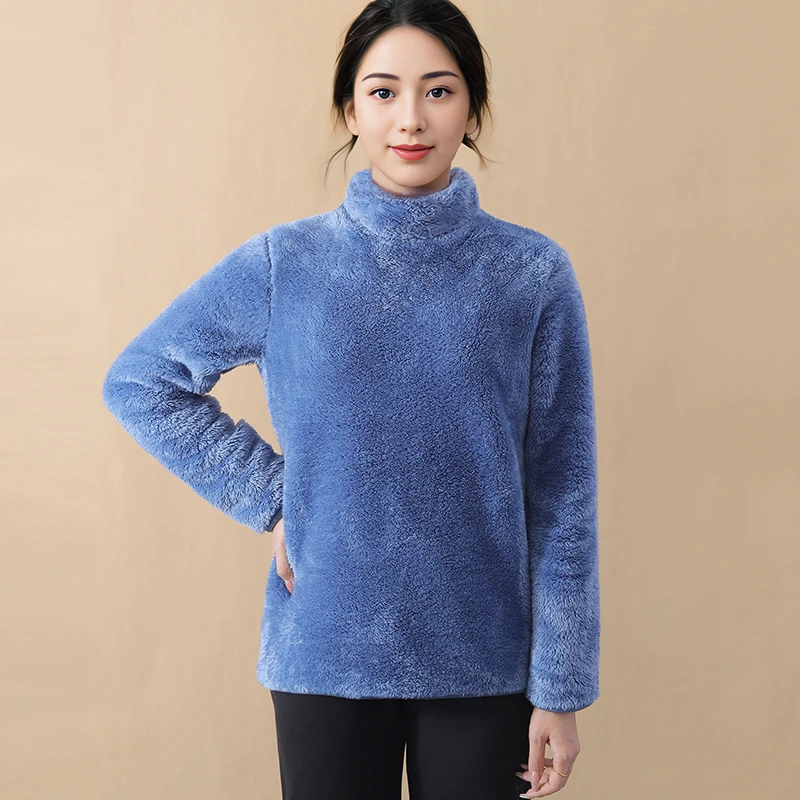 加绒加厚半高领护颈家居服珊瑚绒套头睡衣单件上衣