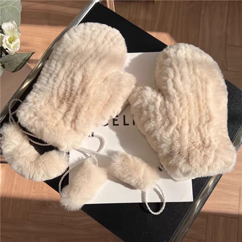獭兔毛连指手套加密编织手套女冬季韩版可爱保暖防风兔毛皮草手套