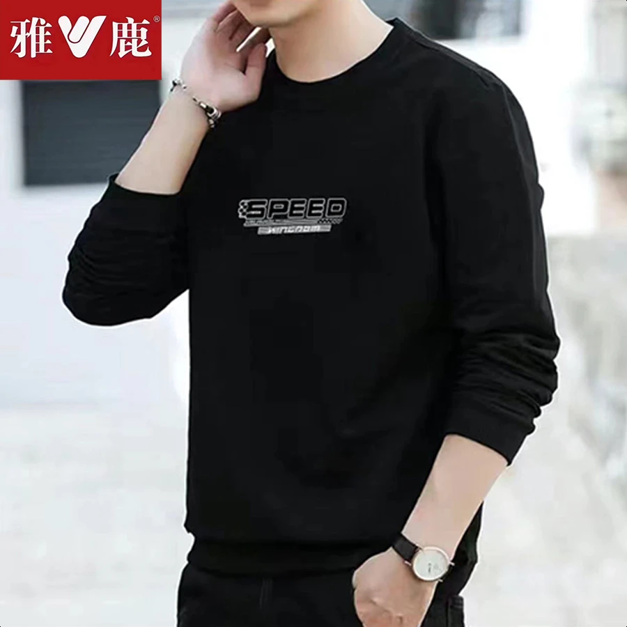 雅鹿秋冬新款纯棉男士卫衣男印花圆领长袖时尚休闲潮流宽松上衣男