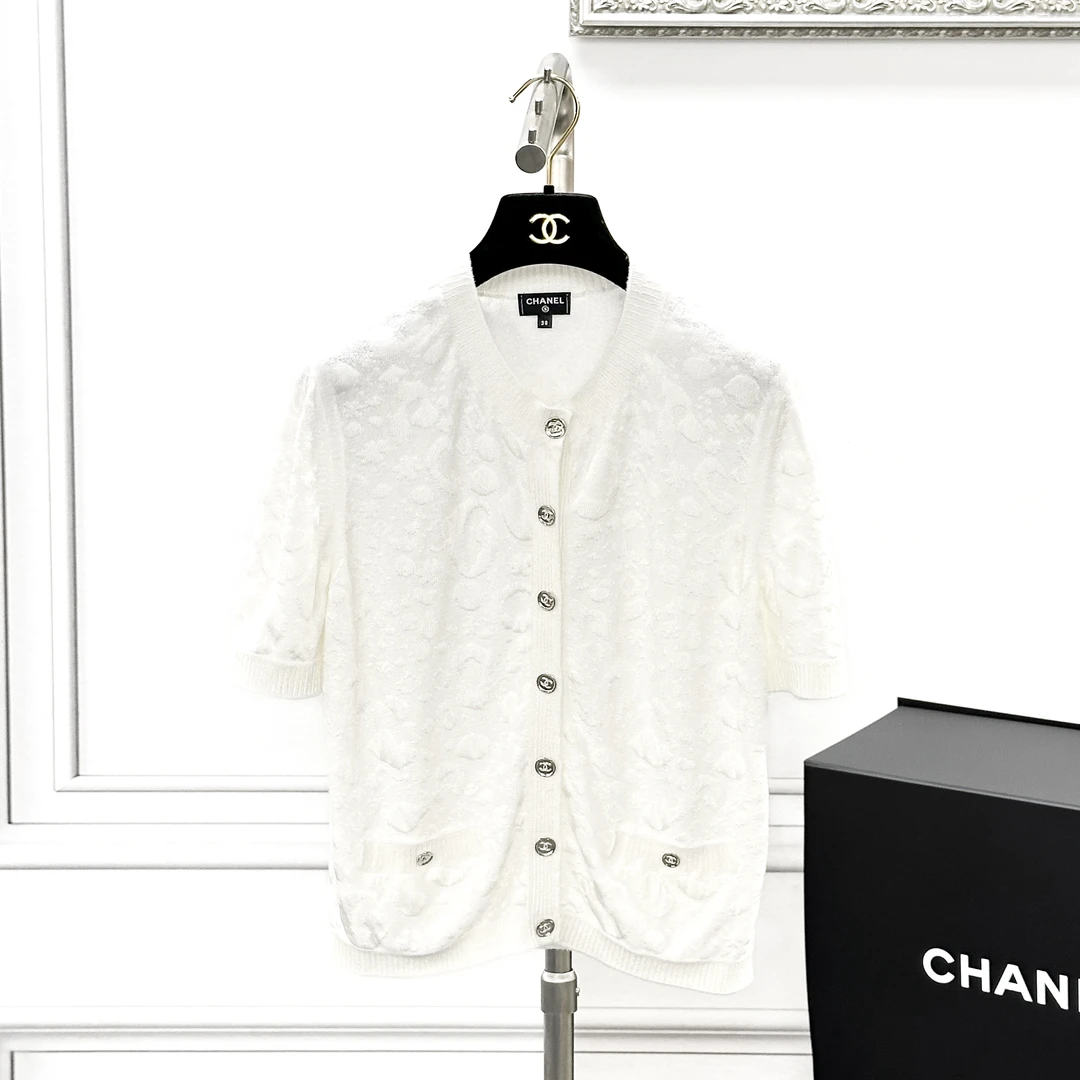 99新 Chanel/香奈儿 38码 23A白色山茶花暗纹针织短袖开衫
