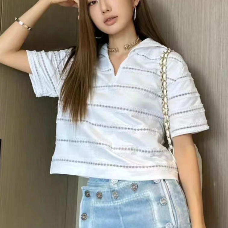 99新 Chanel/香奈儿 42码 白色 镂空 海军领 短袖 上衣