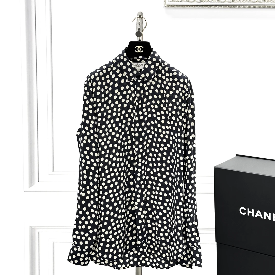 99新 Saint Laurent Paris  37码 藏蓝色拼白色 波点 长袖 衬衫