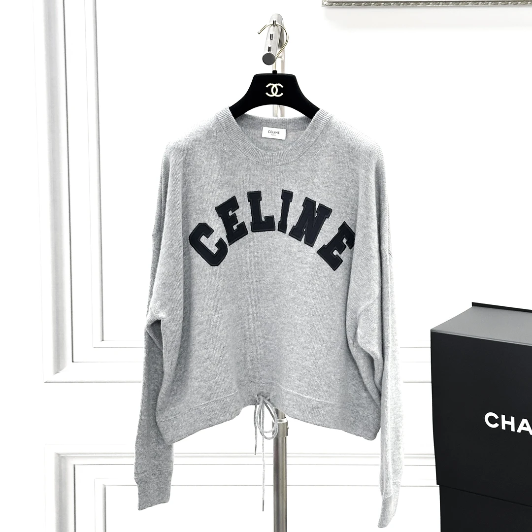 99新 Celine/思琳  M码字母logo灰色圆领抽绳针织卫衣
