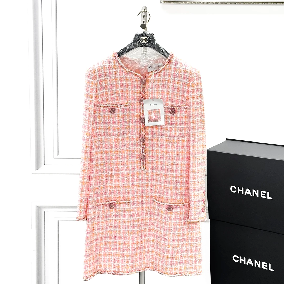 99新 Chanel/香奈儿 42码游轮系列橘粉色亮片粗花呢连衣裙
