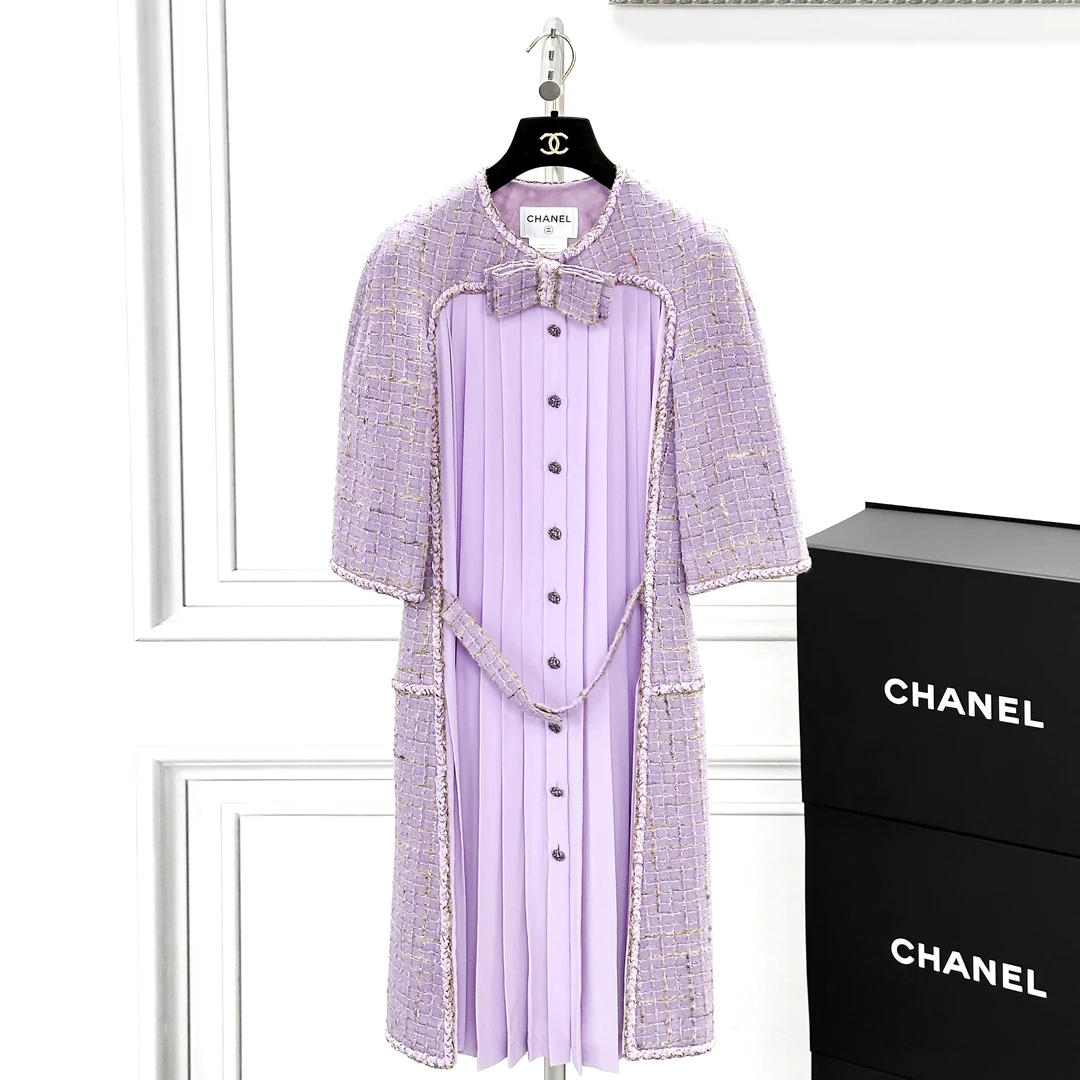 99新 Chanel/香奈儿 36码紫色混色软呢拼蚕丝蝴蝶结中袖连衣裙