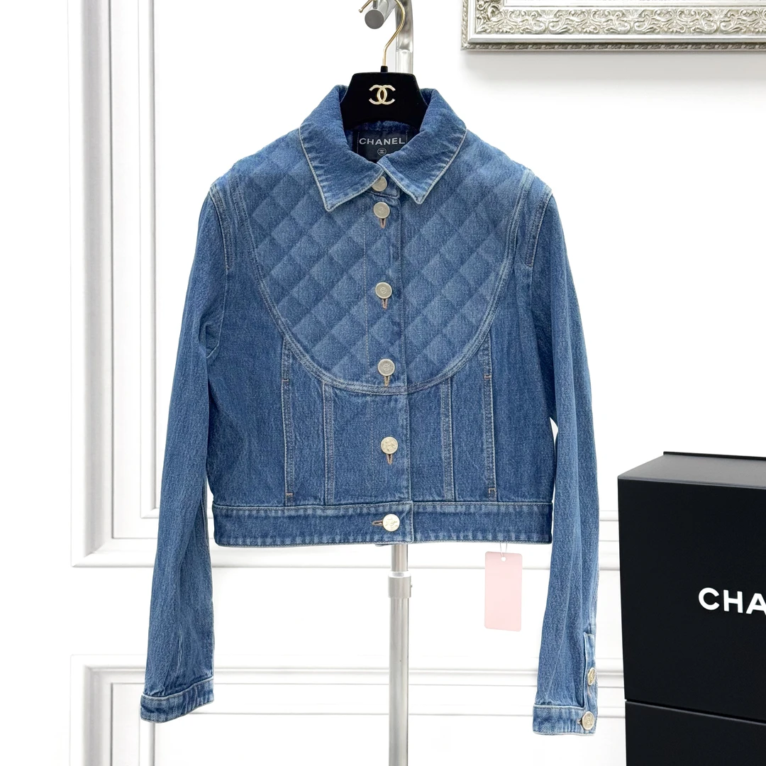 99新 Chanel/香奈儿  34码22B蓝色菱格纹翻领长袖短款牛仔外套