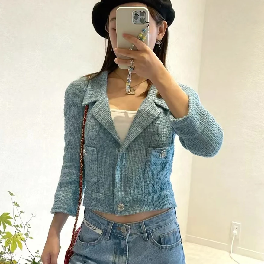 99新 Chanel/香奈儿 34码 蓝色 编织 中袖短款 外套