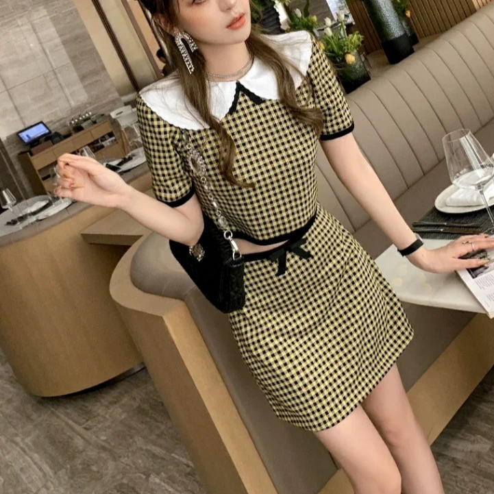 99新 MIU MIU/缪缪 L码绿色拼黑色格子娃娃领短袖上衣 XS码短裙