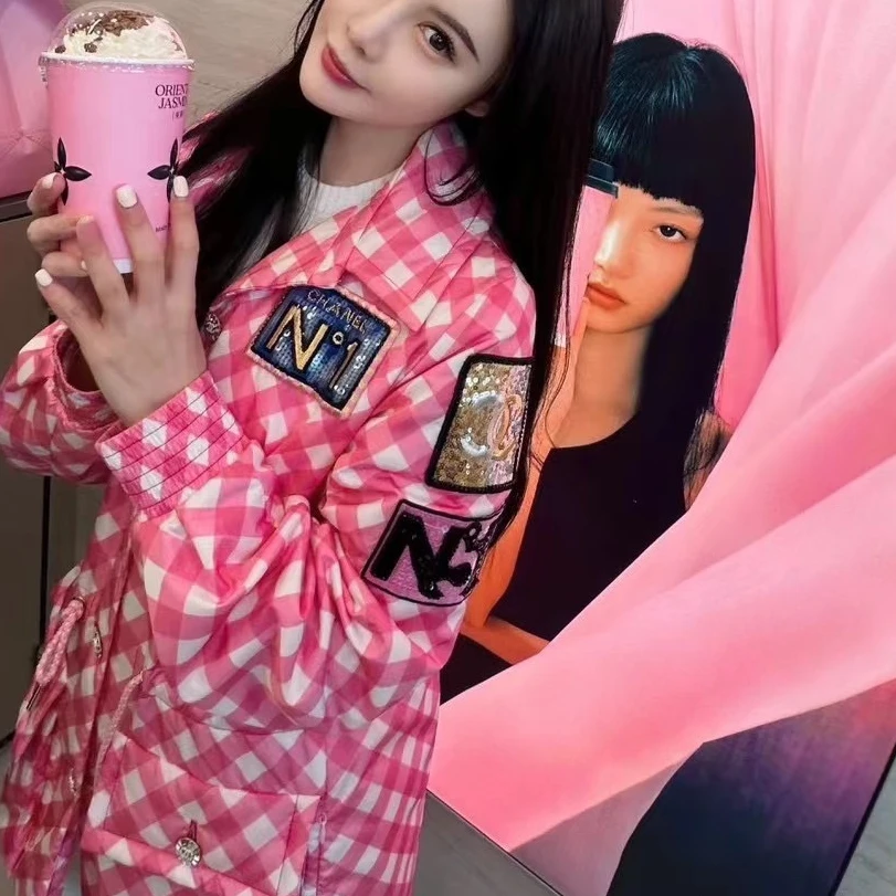 99新 Chanel/香奈儿 38码23C粉白格纹徽章抽绳翻领长袖外套