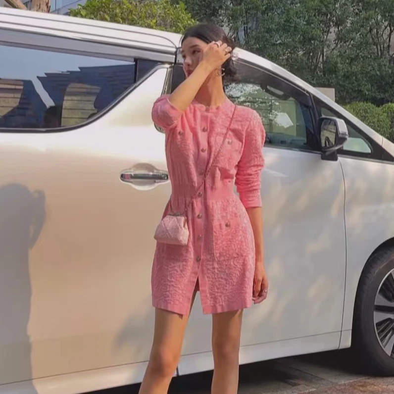 99新 Chanel/香奈儿 38码21C早春粉色毛巾料连衣裙