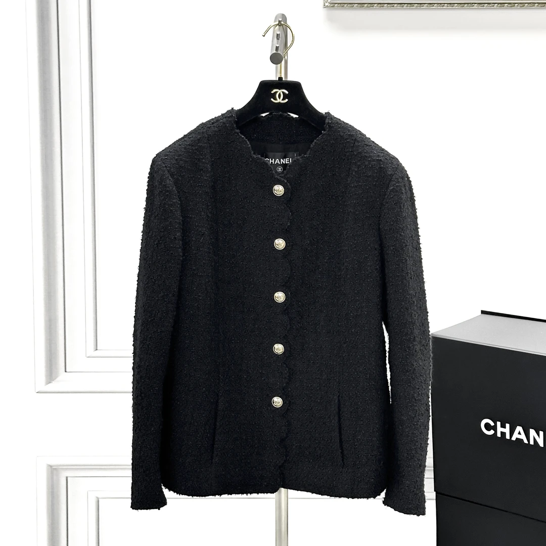 99新 Chanel/香奈儿 马术系列 42码 黑色 编织 波浪边 圆领 外套