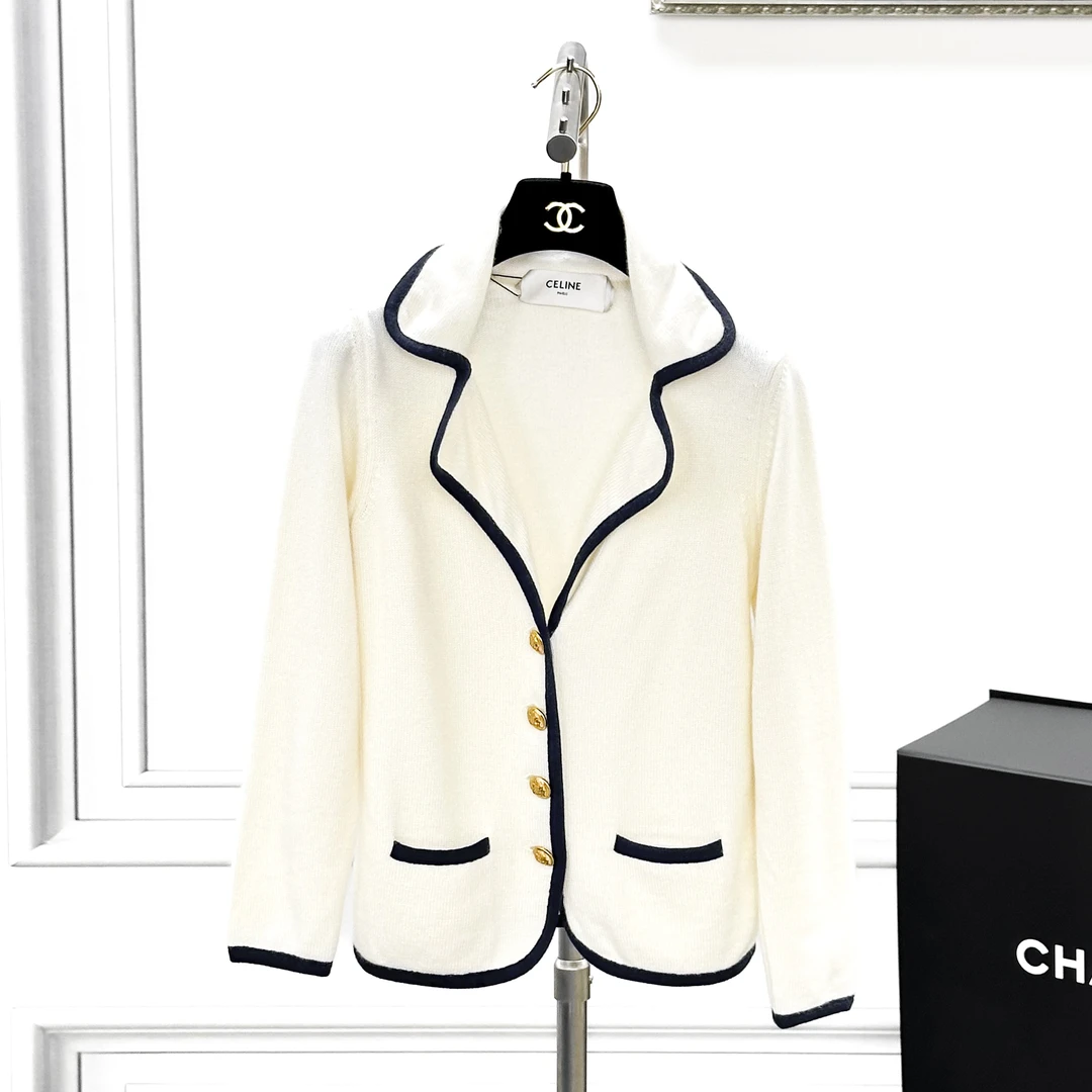 99新 Celine/思琳 XS码 白色 拼藏蓝色 长袖 针织开衫