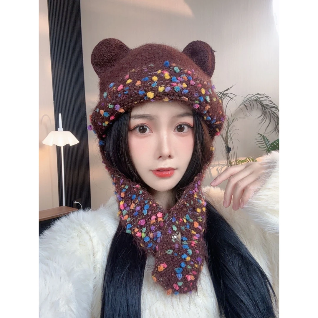 小熊ins彩虹糖豆围脖针织帽2024新款秋冬百搭绑带护耳包头帽