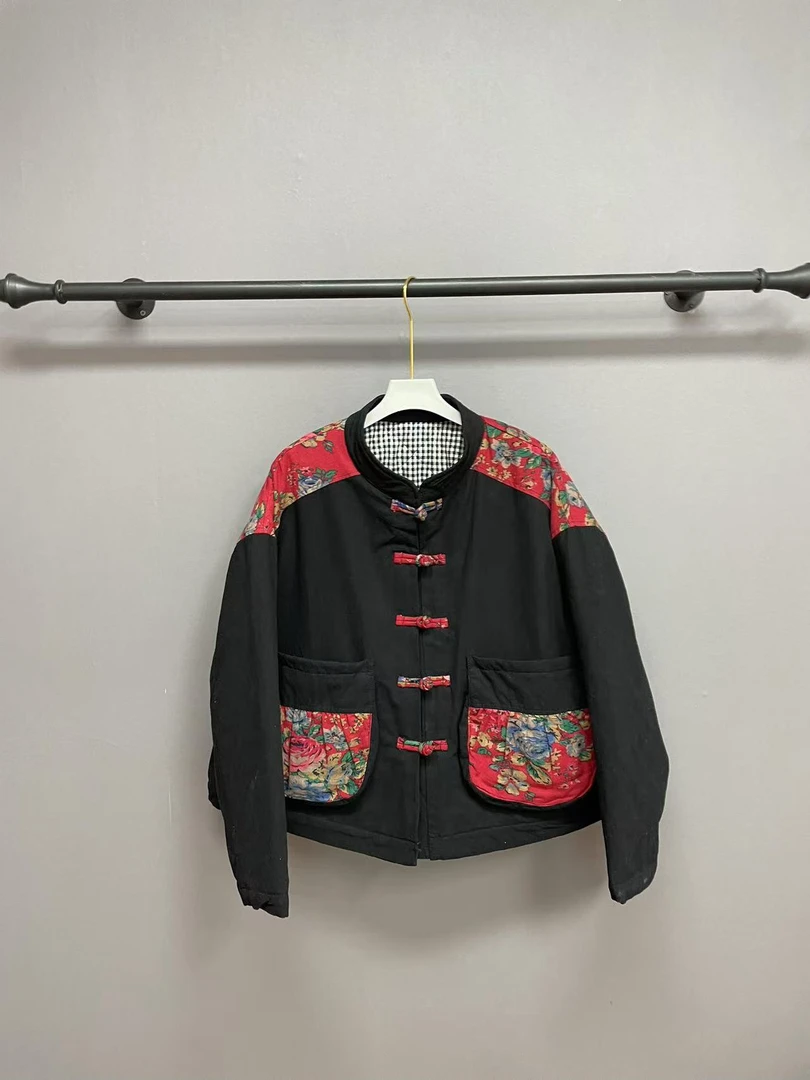 2024新款女中式复古文艺夹棉拼接绗缝长袖女宽松显瘦百搭棉服-231