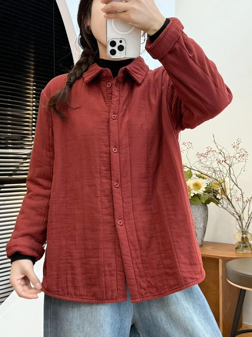 2024新款复古文艺双层棉纱夹棉绗缝长袖衬衫女宽松显瘦百搭-228