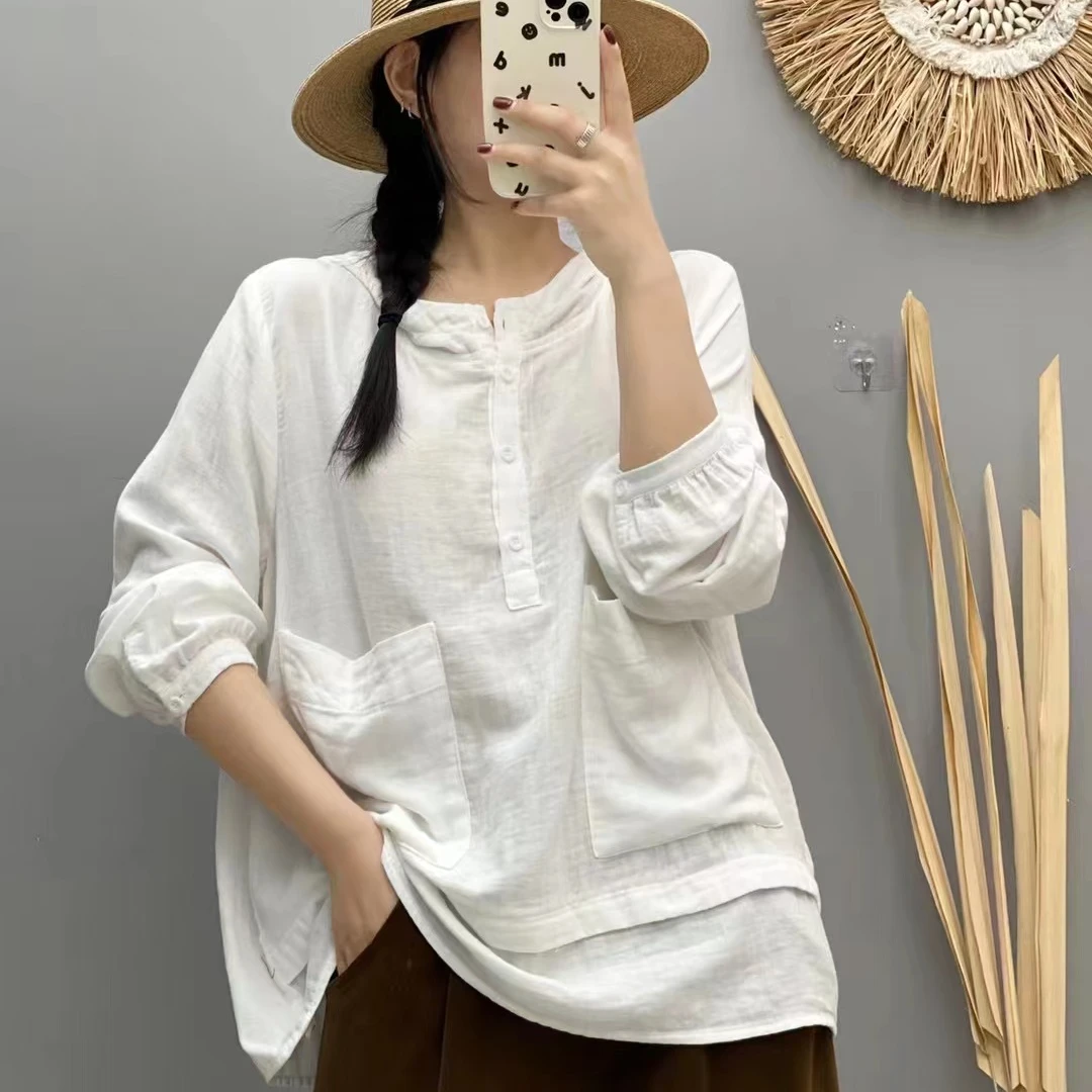 2024秋季新款连帽长袖显瘦大码宽松女装上衣复古棉套头衬衣-130