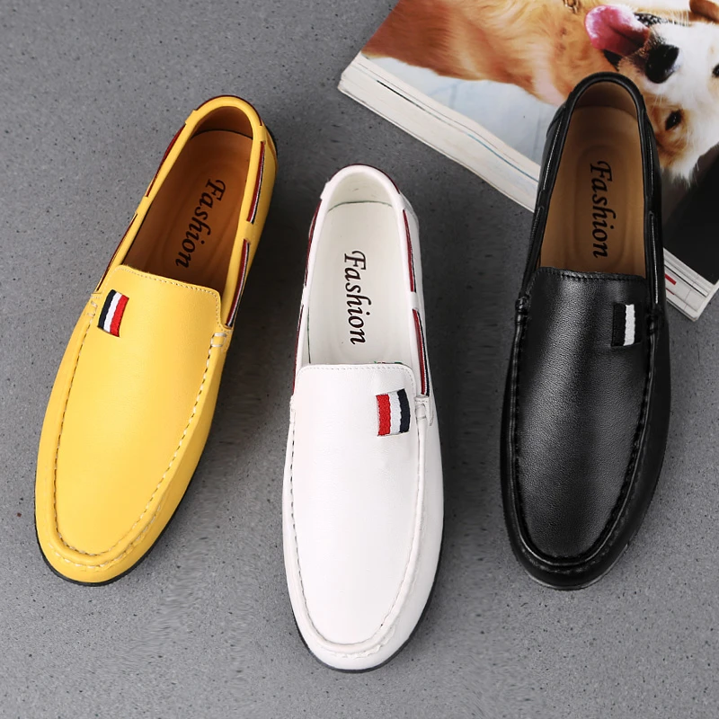 鞋子男百搭时尚透气套脚男士休闲鞋真皮豆豆鞋软底潮鞋高档小白鞋