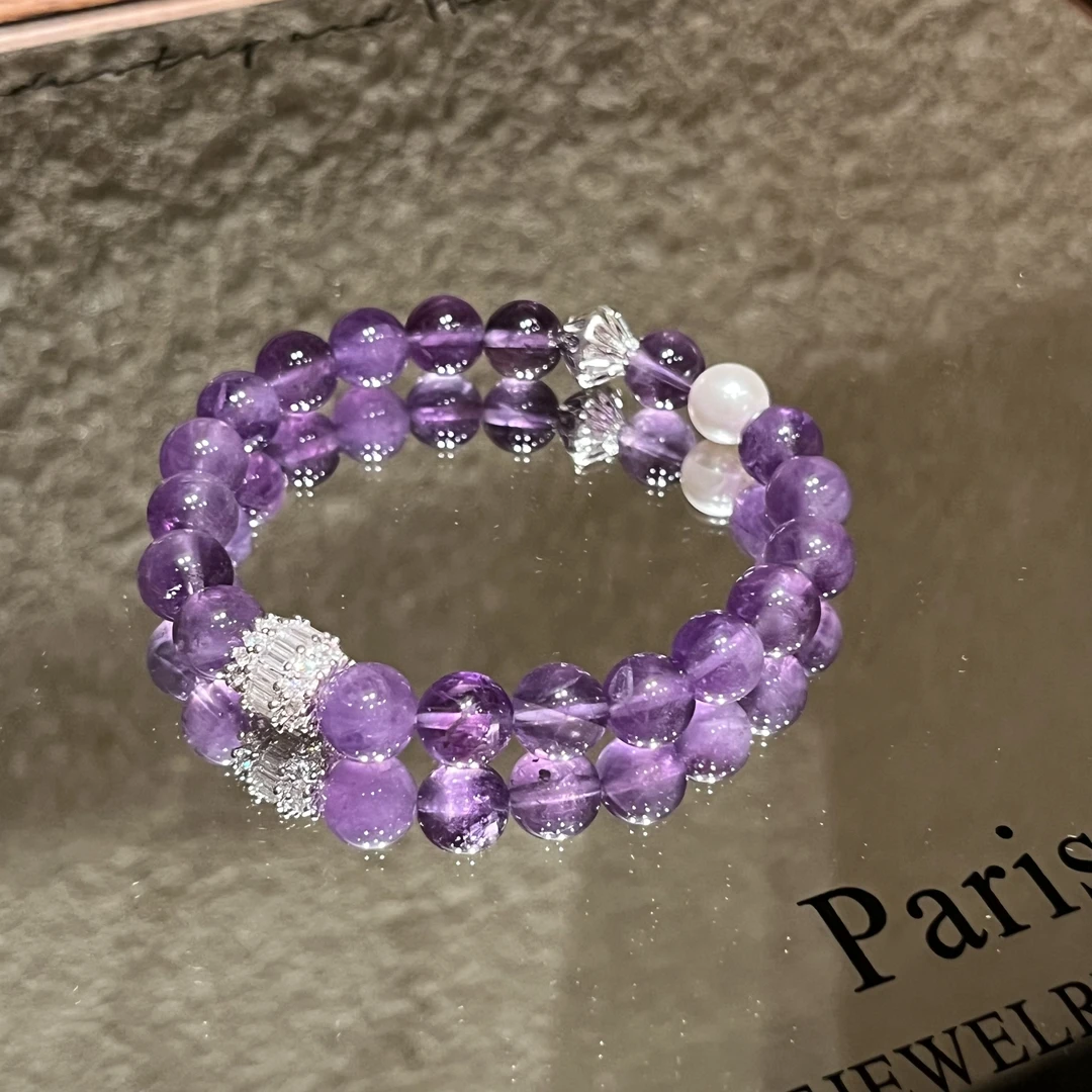 天然巴西能量紫水晶手串单圈圆珠8mm贝珠设计款赋能