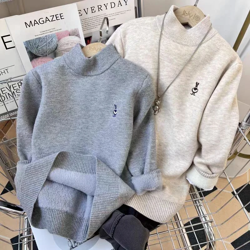 男童加绒加厚毛衣冬款中大童一体绒百搭针织衫韩版儿童套头打底衫